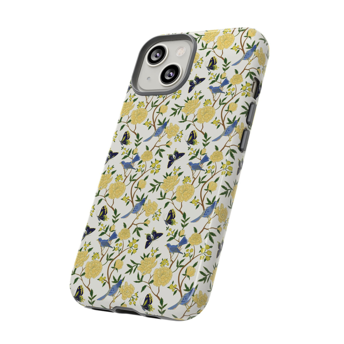 Floral Bird Tough Phone Case — Yellow Rose Pattern, Slim Protective iPhone Cover