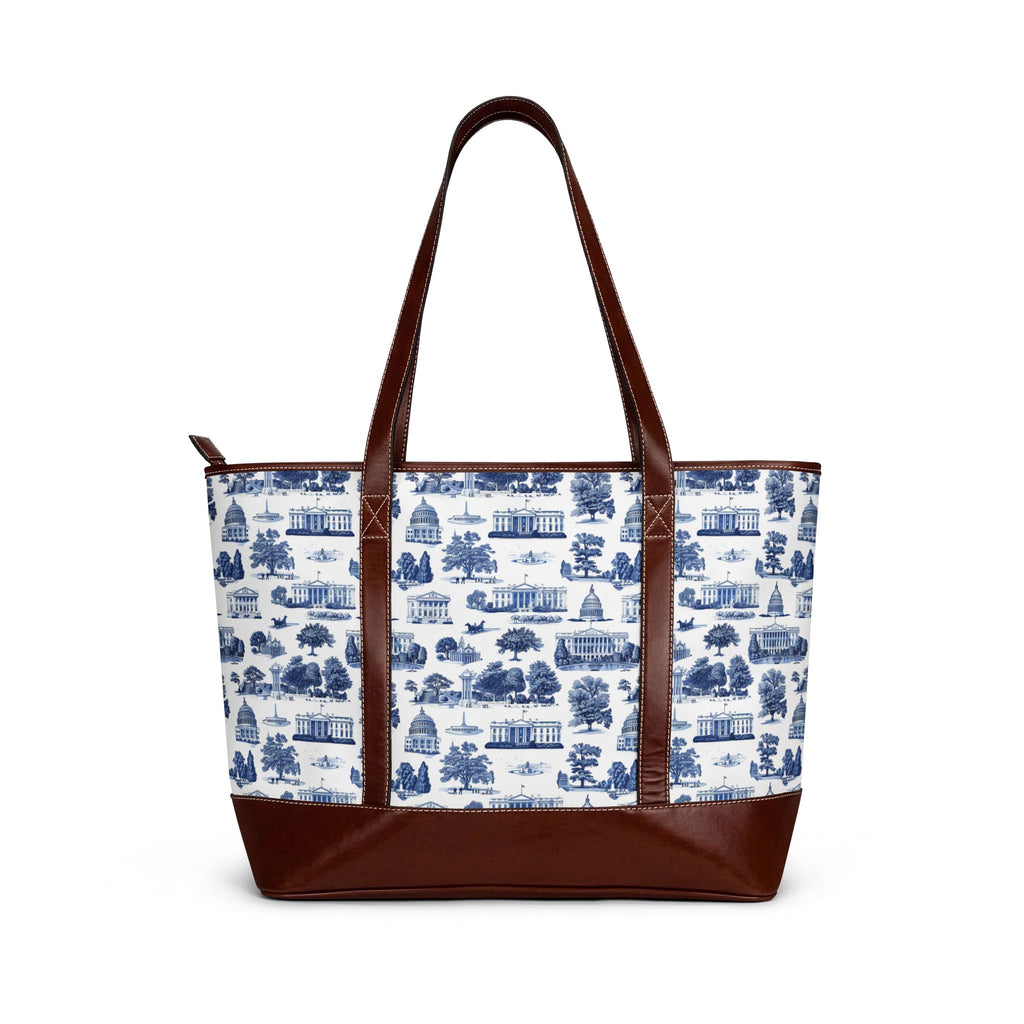 Chinoiserie Blue Toile Tote Handbag — Classic Scenic Print Shoulder Bag