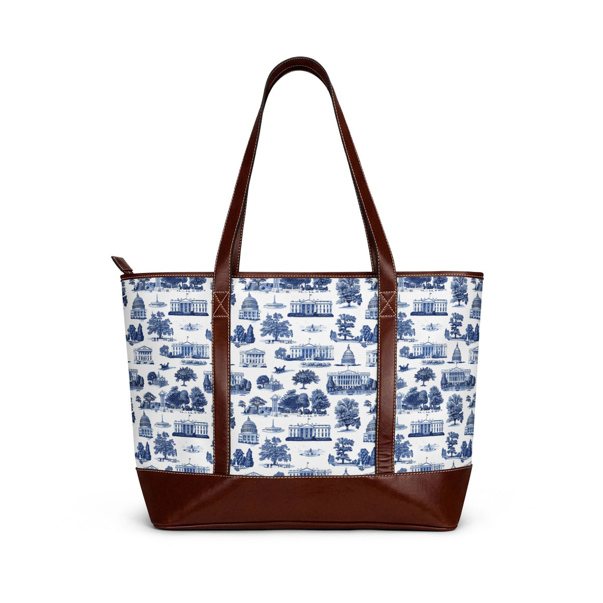 Chinoiserie Blue Toile Tote Handbag — Classic Scenic Print Shoulder Bag
