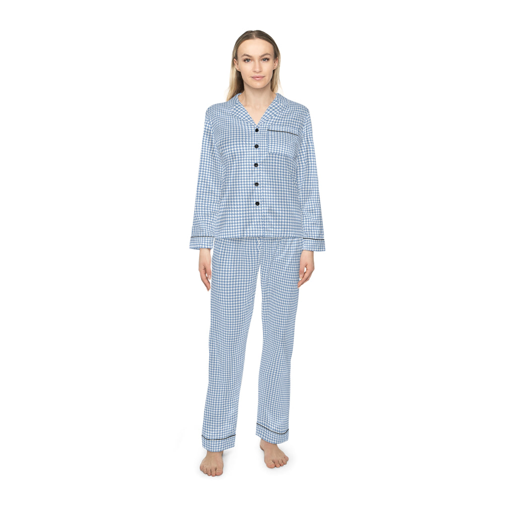 Blue Gingham Satin Women's Pajama Set — Luxury Button-Down Sleepwear