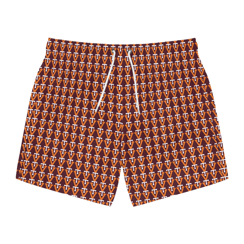 Geometric V Monogram Swim Trunks — Retro Brown All-Over Print
