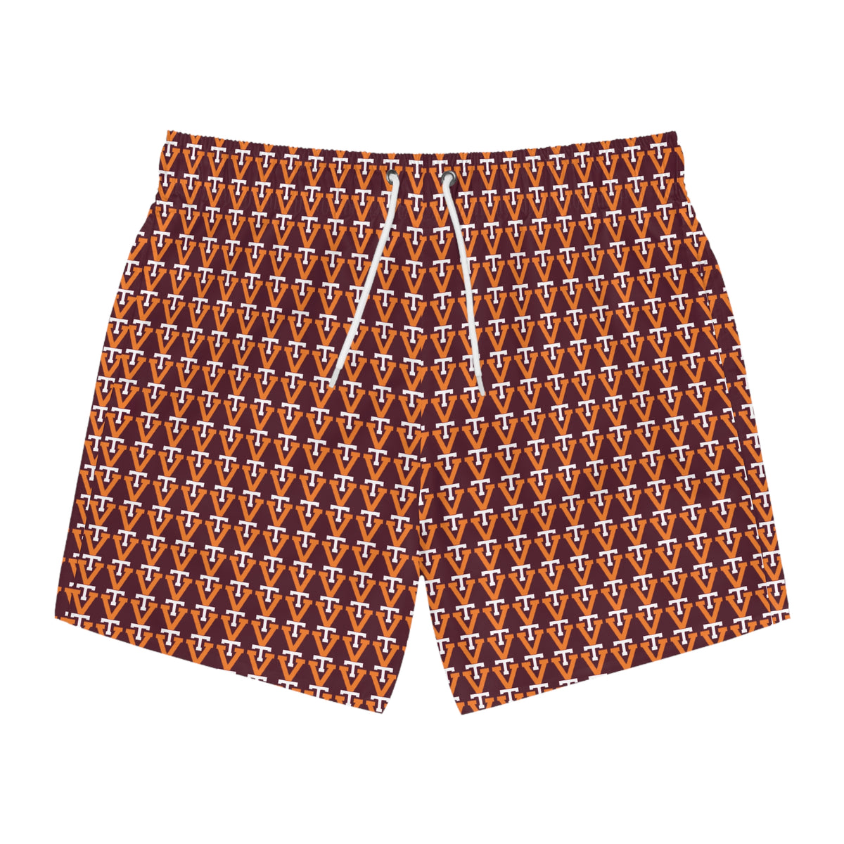 Geometric V Monogram Swim Trunks — Retro Brown All-Over Print