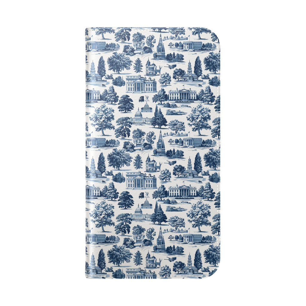 Vintage Toile Flip Phone Case — Blue Scenic Wallet Cover with Card Slots