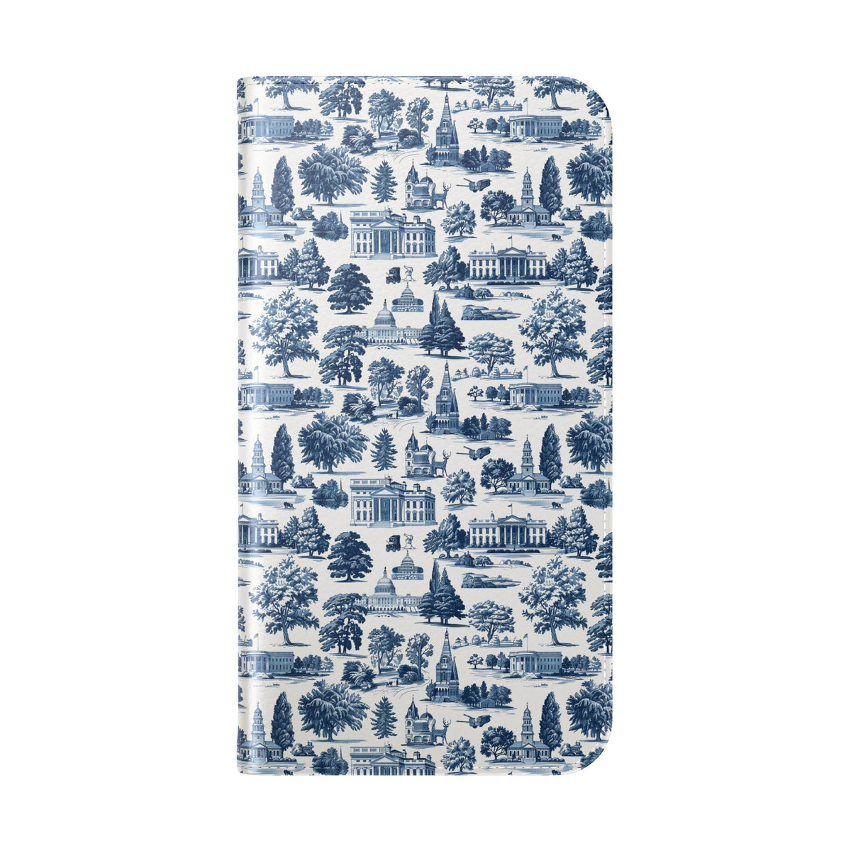 Vintage Toile Flip Phone Case — Blue Scenic Wallet Cover with Card Slots