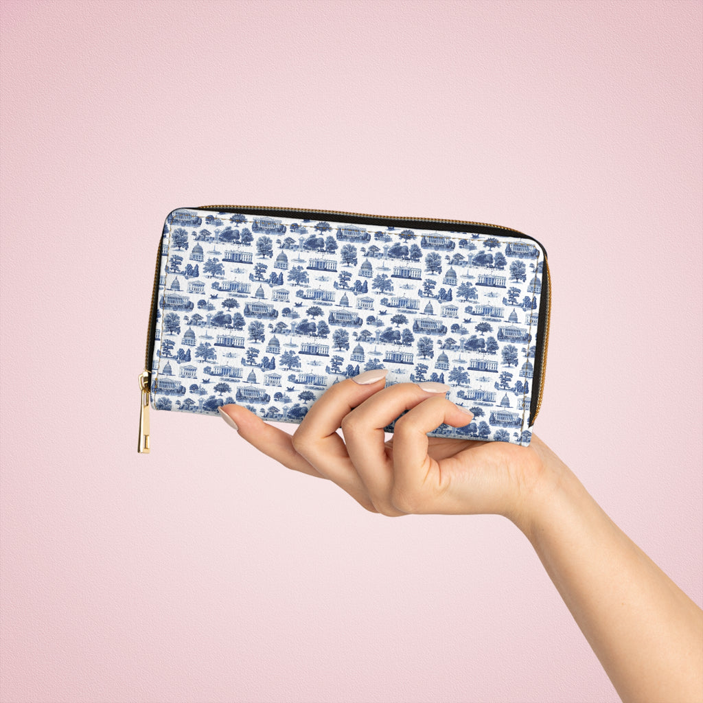 Blue Toile Zipper Wallet — Vintage Scenic Print Leather Wallet