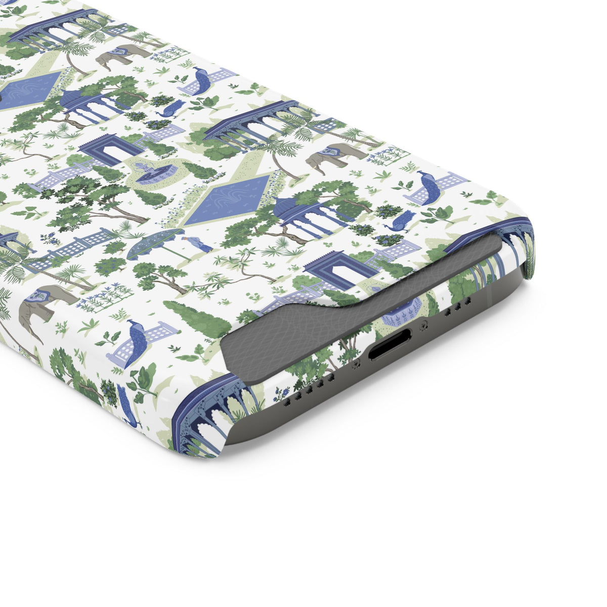 Garden Pavilion Cardholder Phone Case — Blue & Green Scenic Park Design