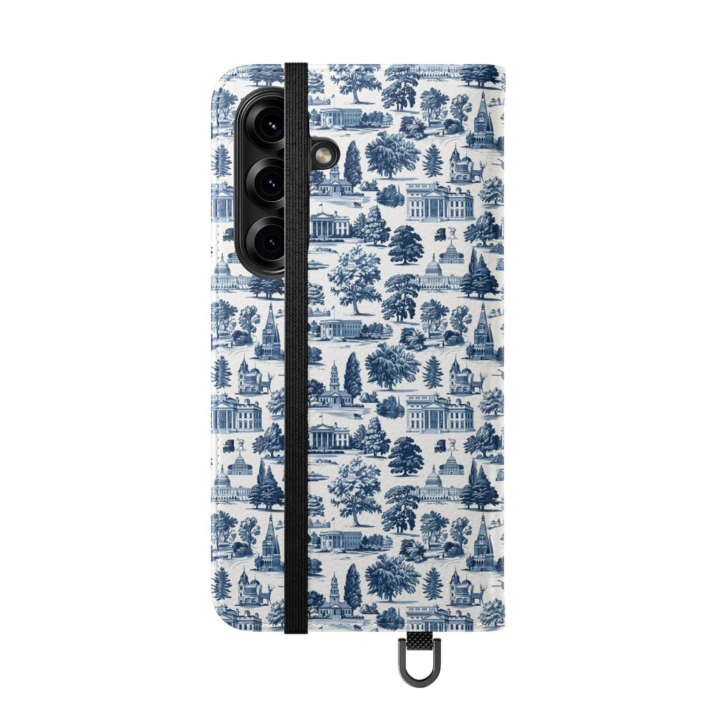 Vintage Toile Flip Phone Case — Blue Scenic Wallet Cover with Card Slots