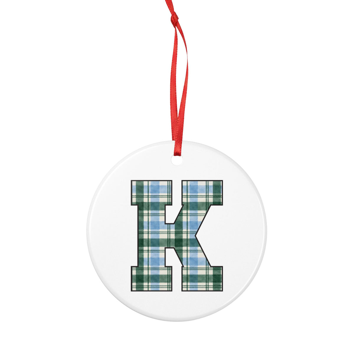 Plaid Letter K Ceramic Ornament — Monogram Initial Holiday Ornament