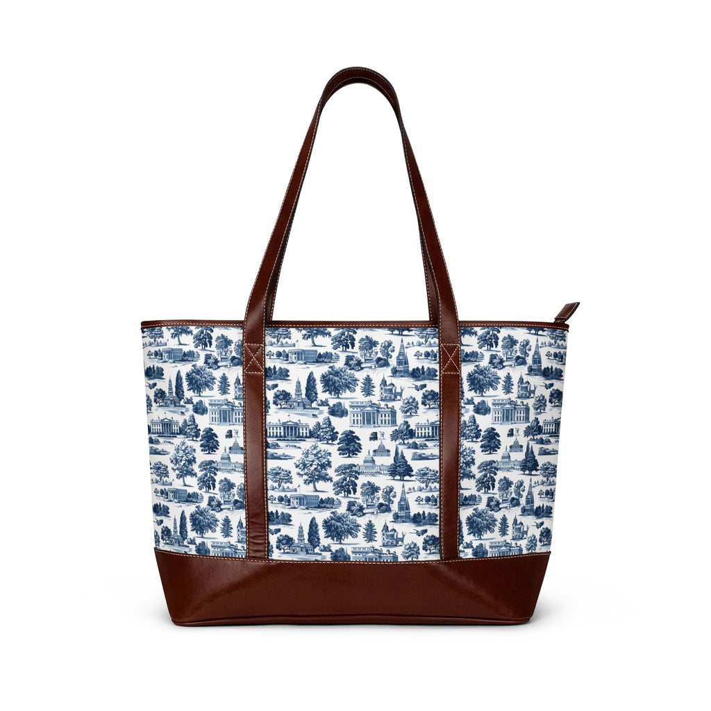 Blue Toile Leather-Trim Tote Bag