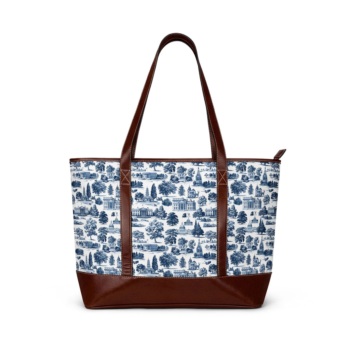 Blue Toile Leather-Trim Tote Bag