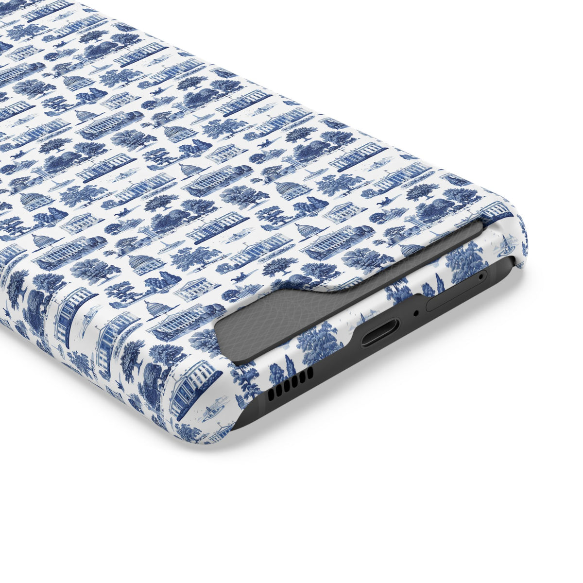 Blue Toile Phone Card Case — Vintage Scenic Pattern Phone Case with Card Holder