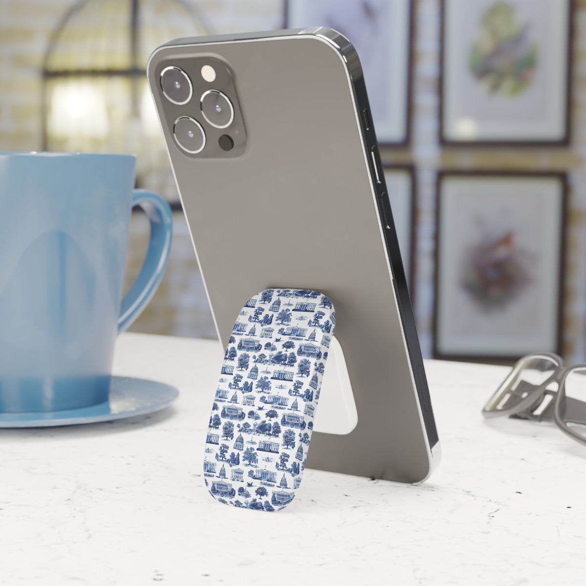 Blue Toile Cityscape Phone Grip — Click-On Stand & Hold