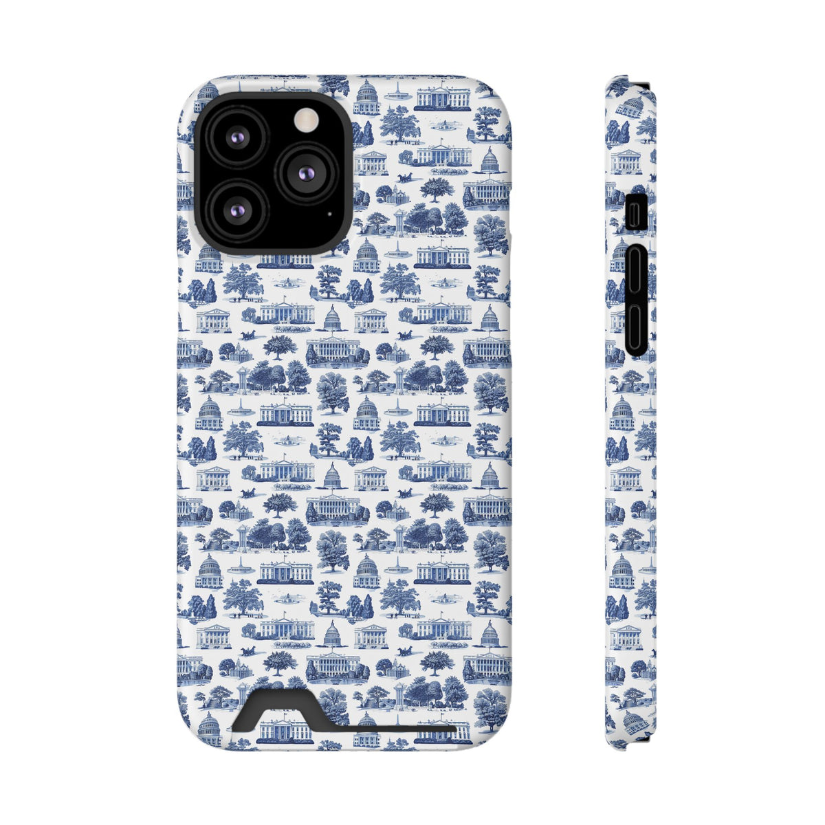 Blue Toile Phone Card Case — Slim Wallet Phone Case with Scenic Pattern