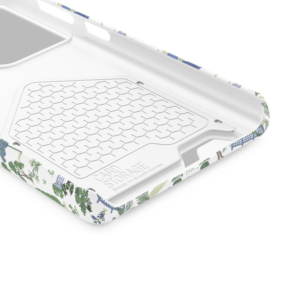 Garden Pavilion Cardholder Phone Case — Blue & Green Scenic Park Design