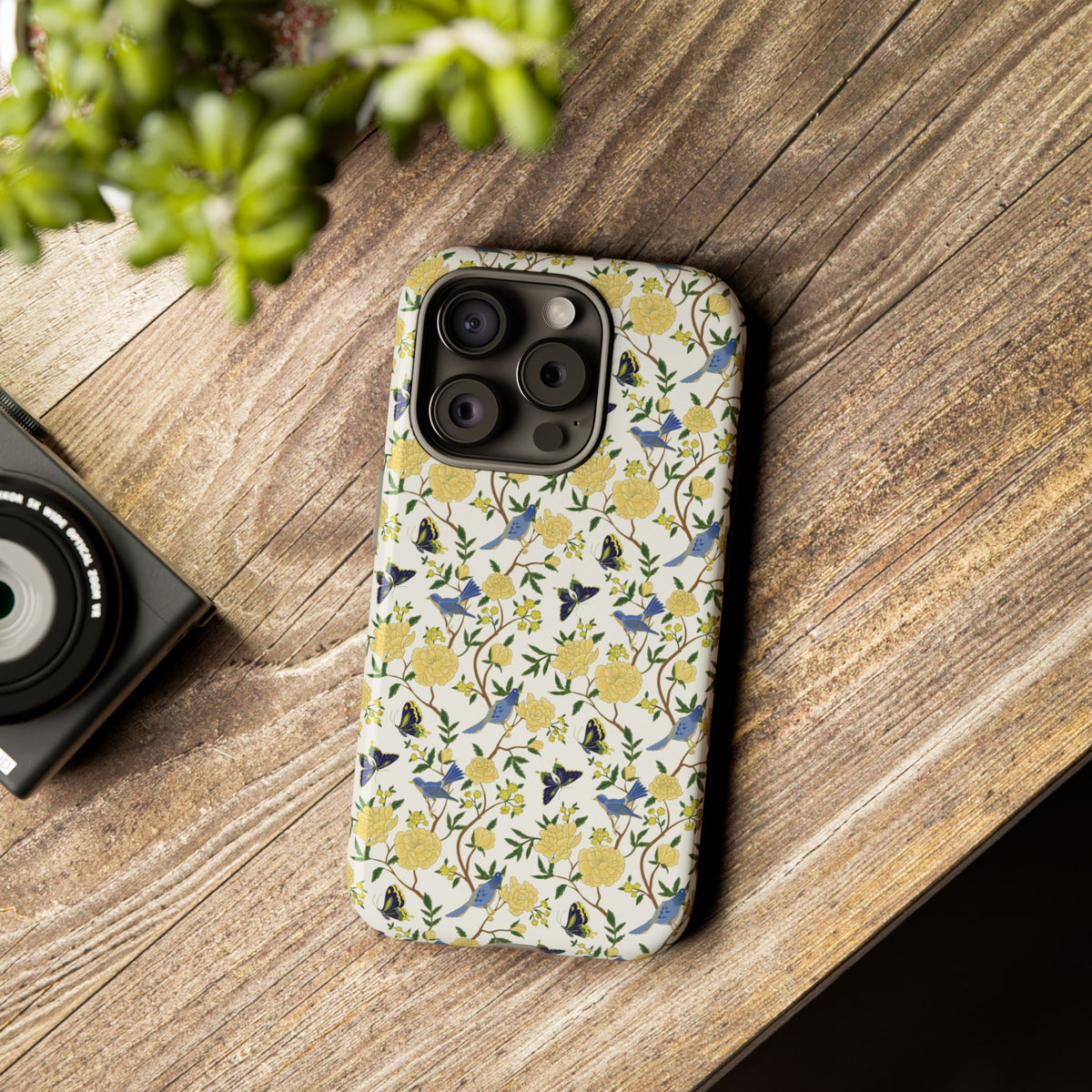 Floral Bird Tough Phone Case — Yellow Rose Pattern, Slim Protective iPhone Cover