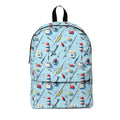 Fishing Gear Pattern Backpack — Light Blue Angler Print School & Travel Bag