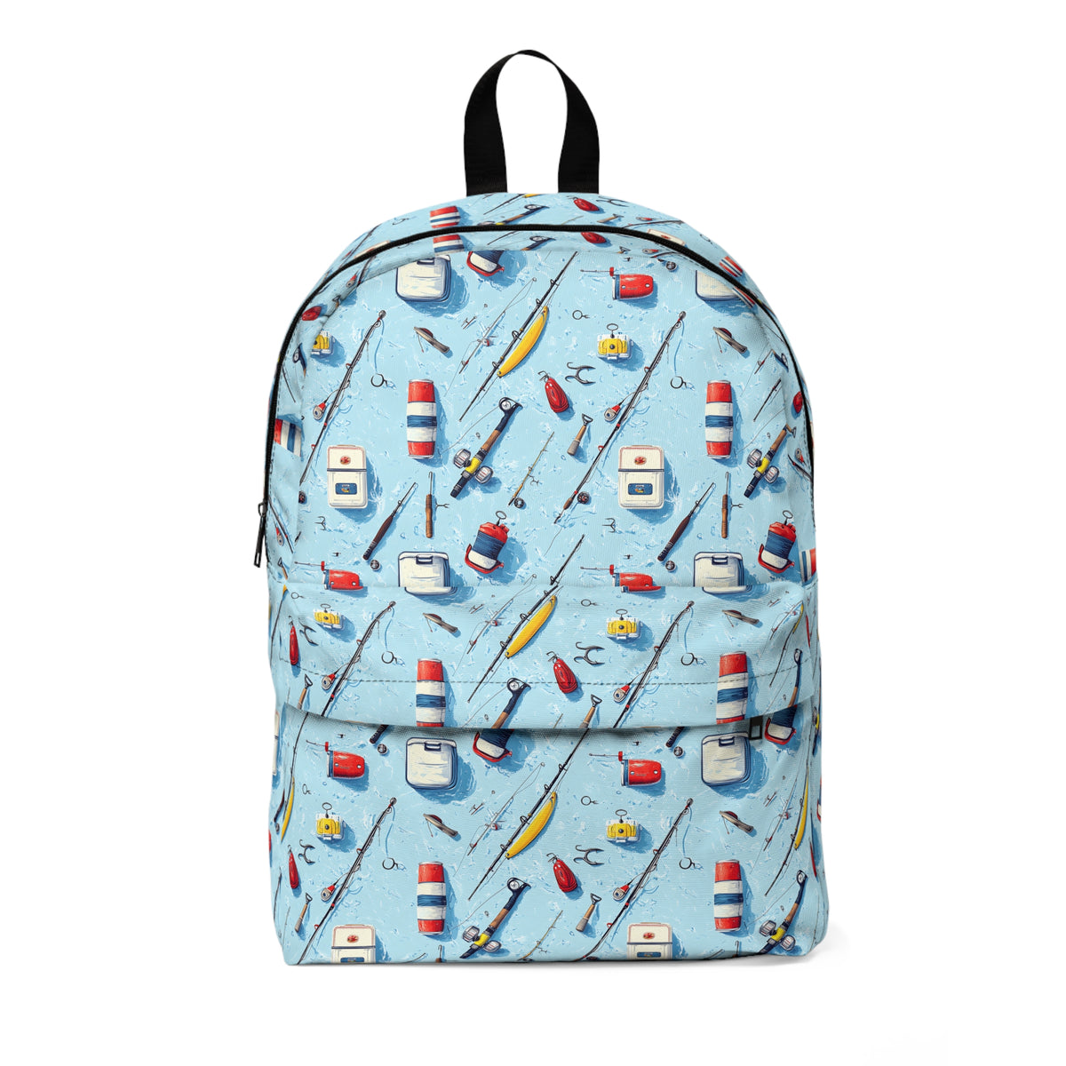 Fishing Gear Pattern Backpack — Light Blue Angler Print School & Travel Bag