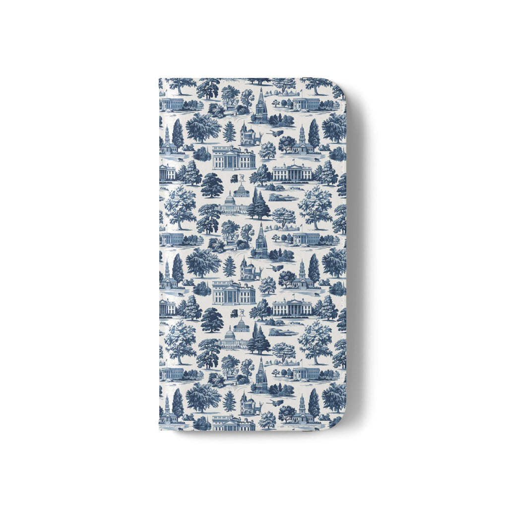 Vintage Toile Flip Phone Case — Blue Scenic Wallet Cover with Card Slots