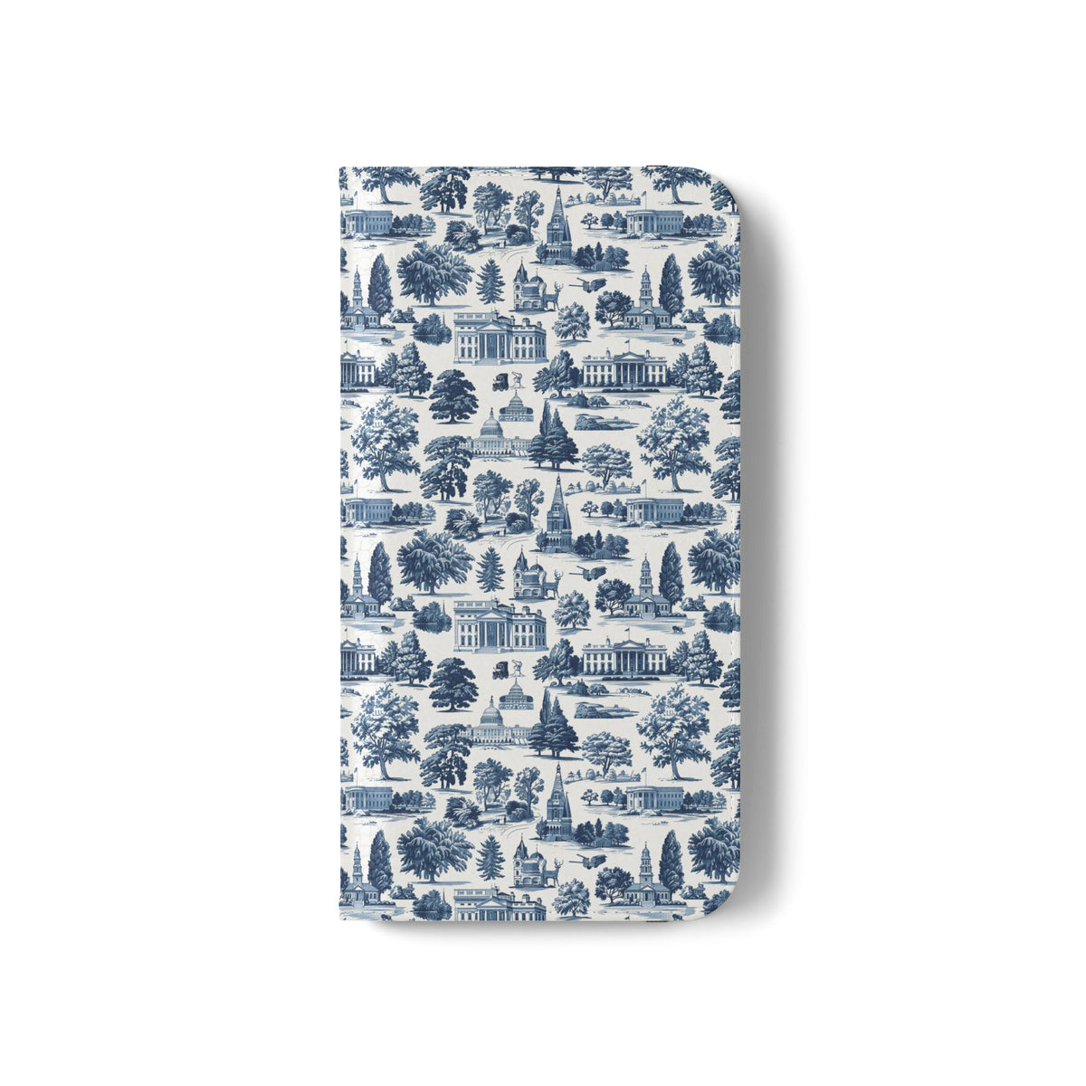 Vintage Toile Flip Phone Case — Blue Scenic Wallet Cover with Card Slots