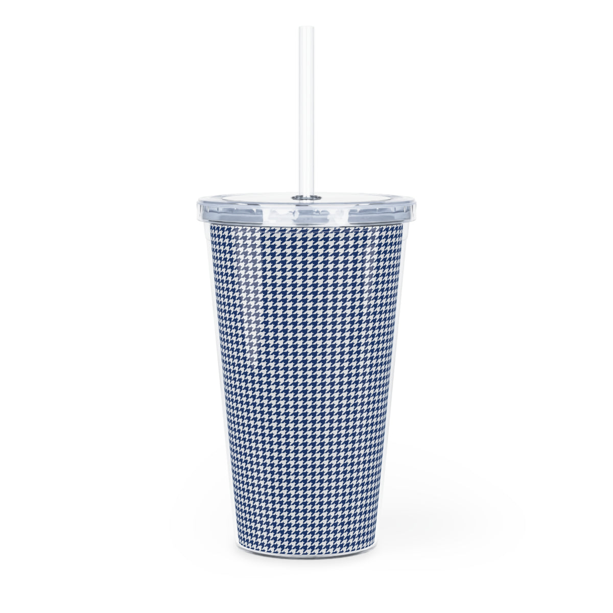 Blue Houndstooth Plastic Tumbler with Straw — Insulated Travel Cup