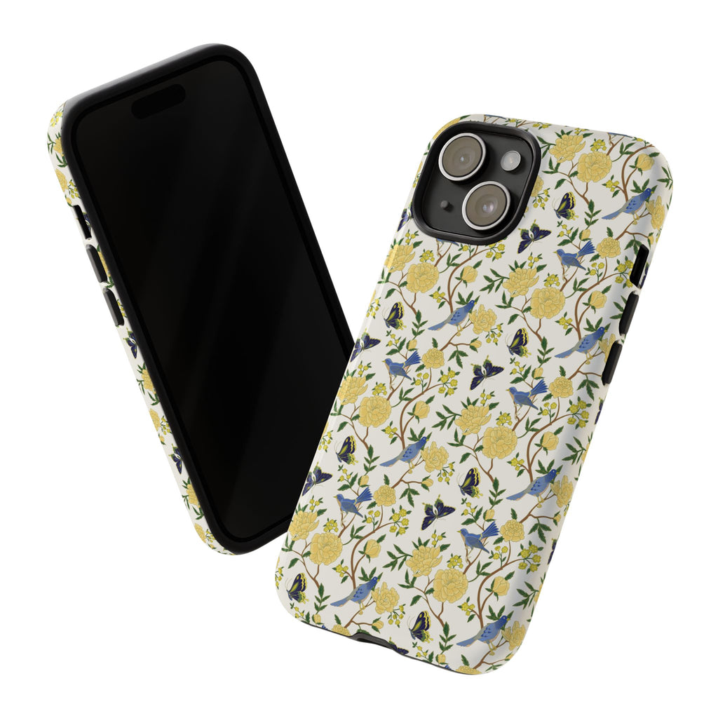 Floral Bird Tough Phone Case — Yellow Rose Pattern, Slim Protective iPhone Cover