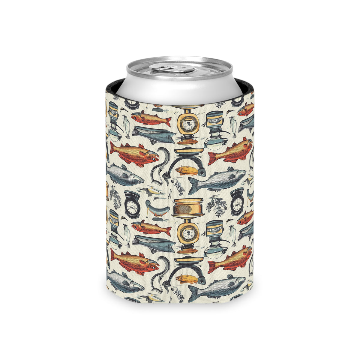 Nautical Fishing Can Cooler - Vintage Tackle & Fish Pattern