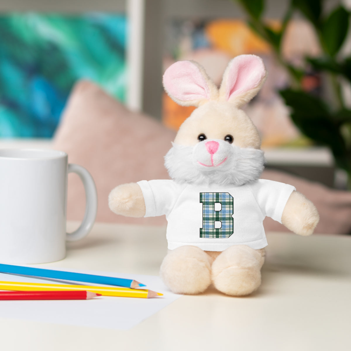 Plush Bear with Plaid Monogram Tee — Personalized Initial 'B' Stuffed Animal Gift