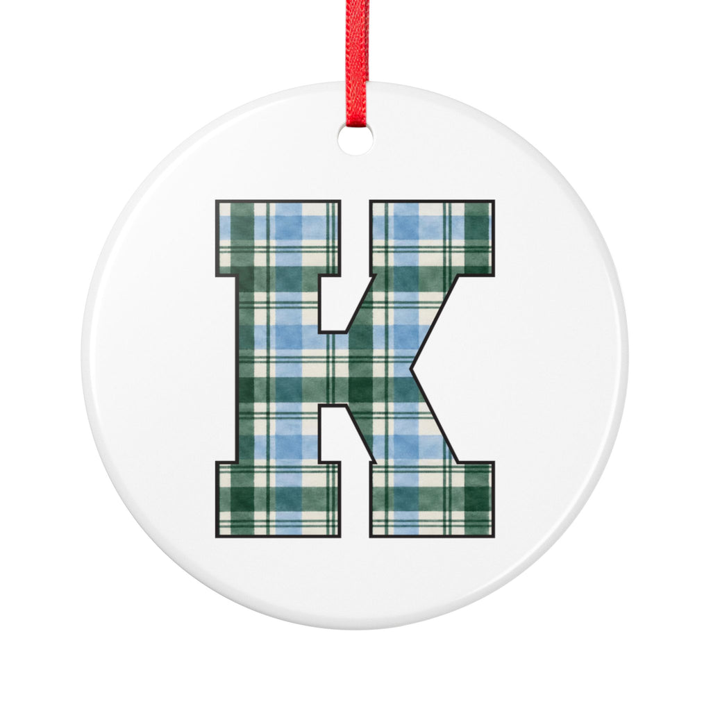Plaid Letter K Ceramic Ornament — Monogram Initial Holiday Ornament