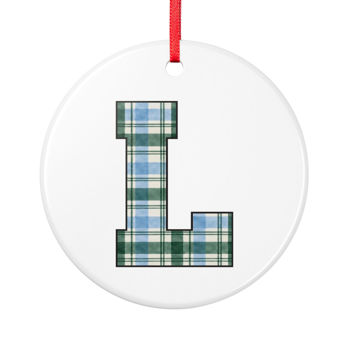 Plaid Letter L Ceramic Ornament — Monogram Initial Holiday Decoration