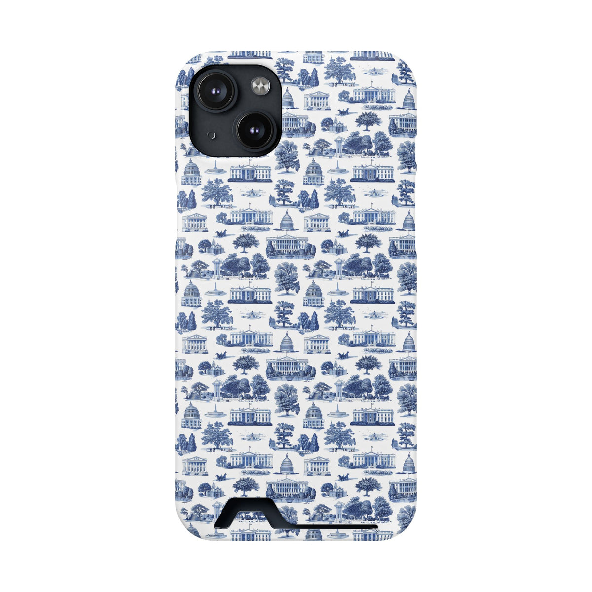 Blue Toile Phone Card Case — Slim Wallet Phone Case with Scenic Pattern