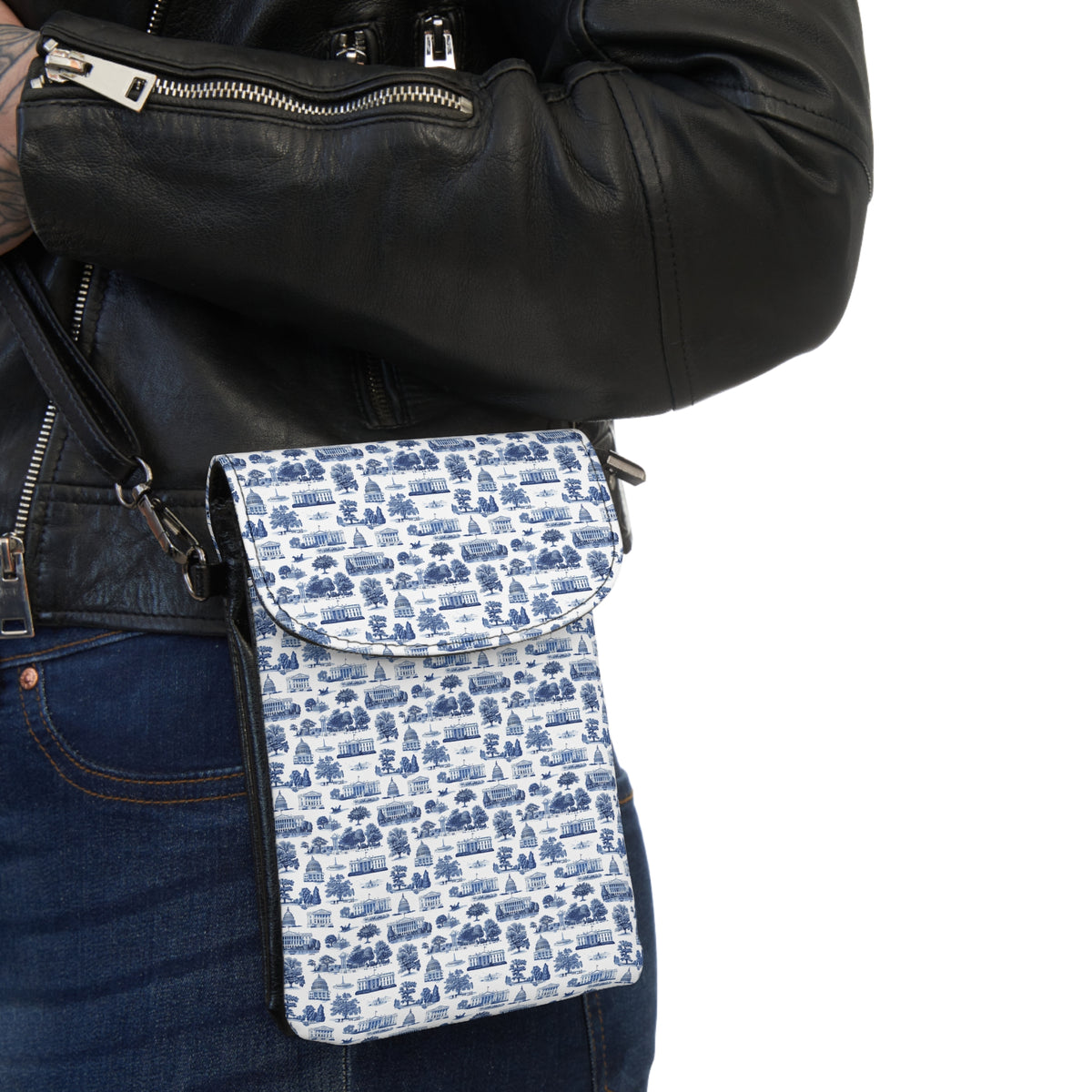 Blue Toile Crossbody Phone Wallet — Small Cell Phone Wallet with Card Slots & Adjustable Strap