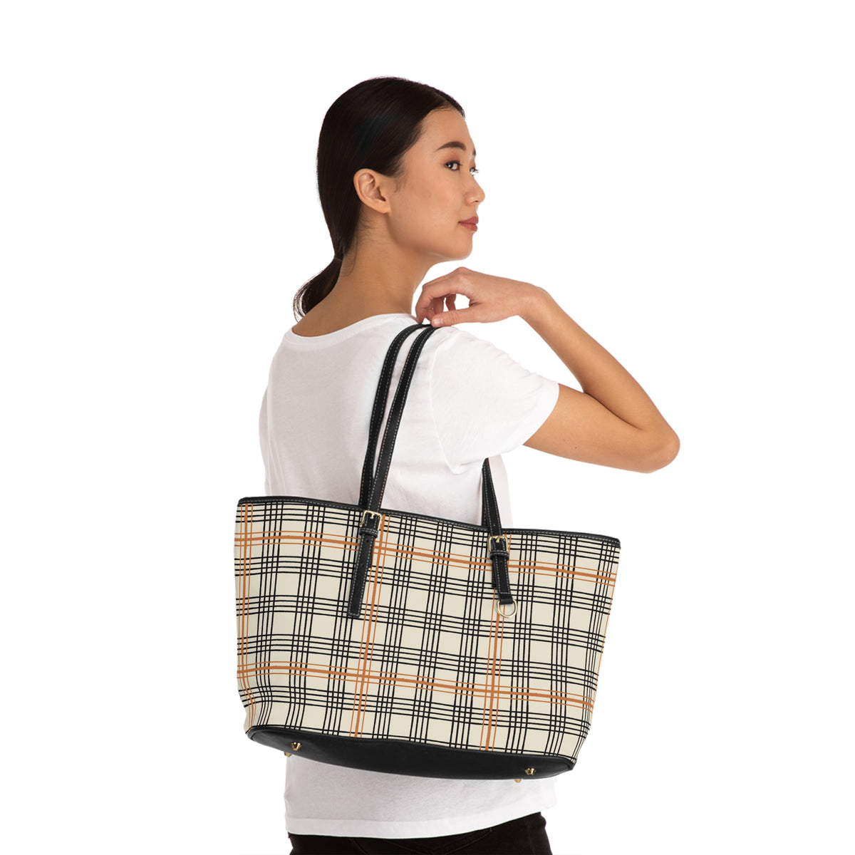 Plaid PU Shoulder Bag — Classic Beige Grid Tote