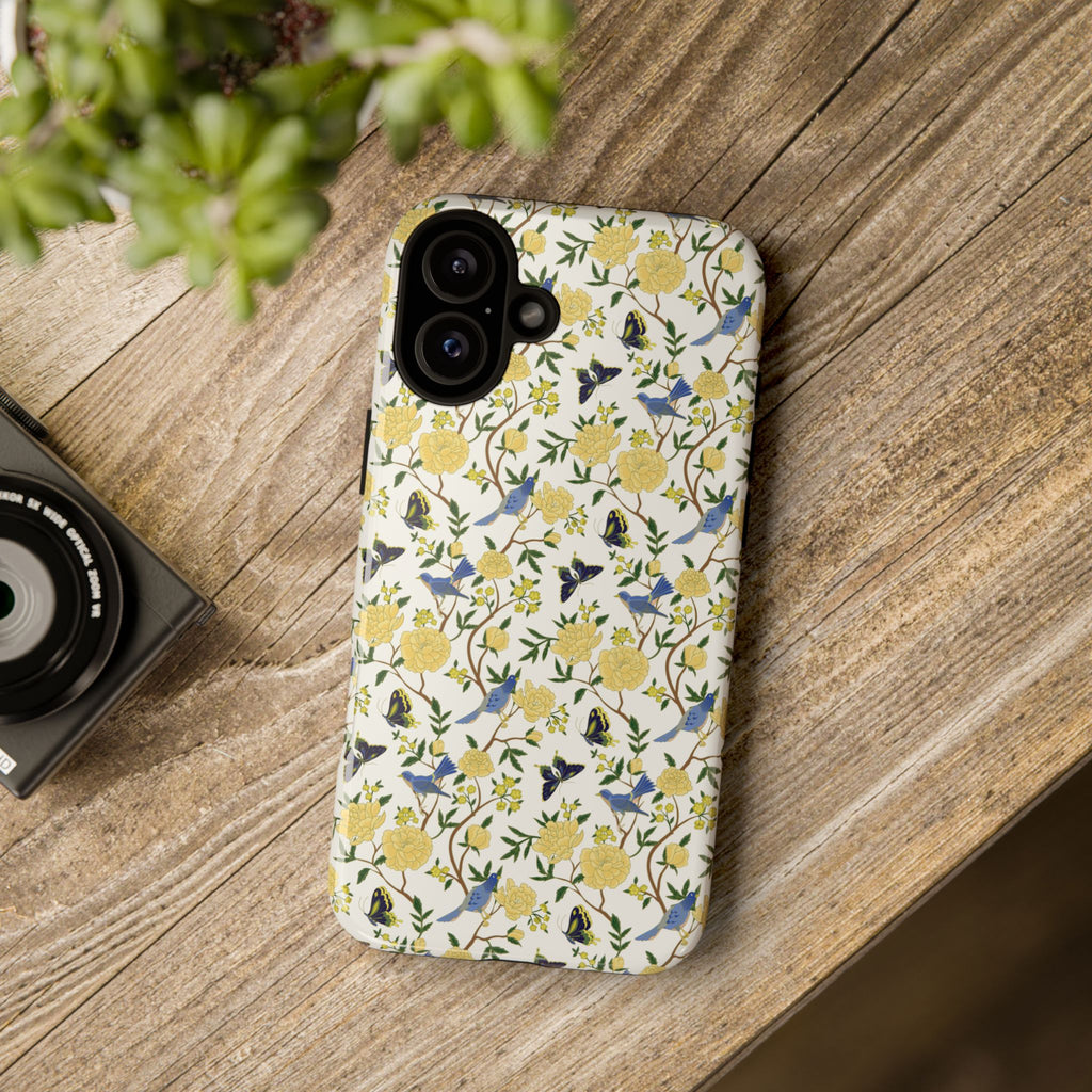 Floral Bird Tough Phone Case — Yellow Rose Pattern, Slim Protective iPhone Cover
