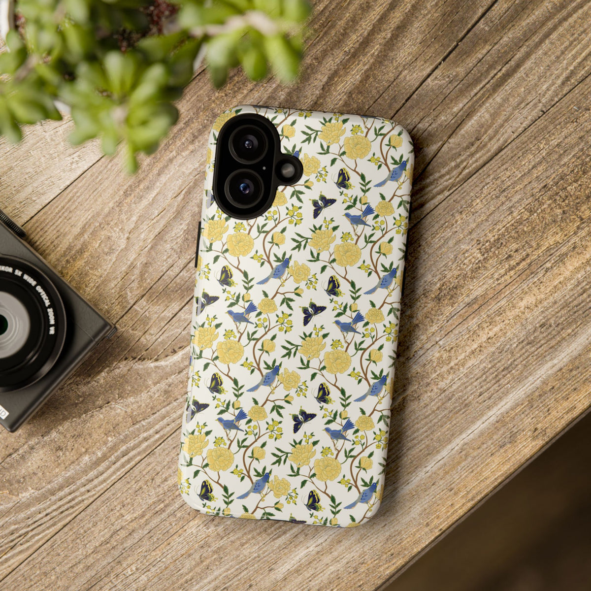 Floral Bird Tough Phone Case — Yellow Rose Pattern, Slim Protective iPhone Cover