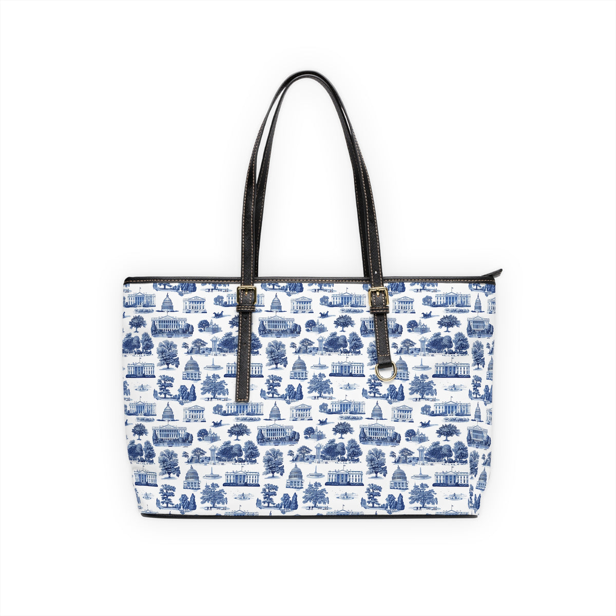 Blue Toile Print PU Shoulder Bag