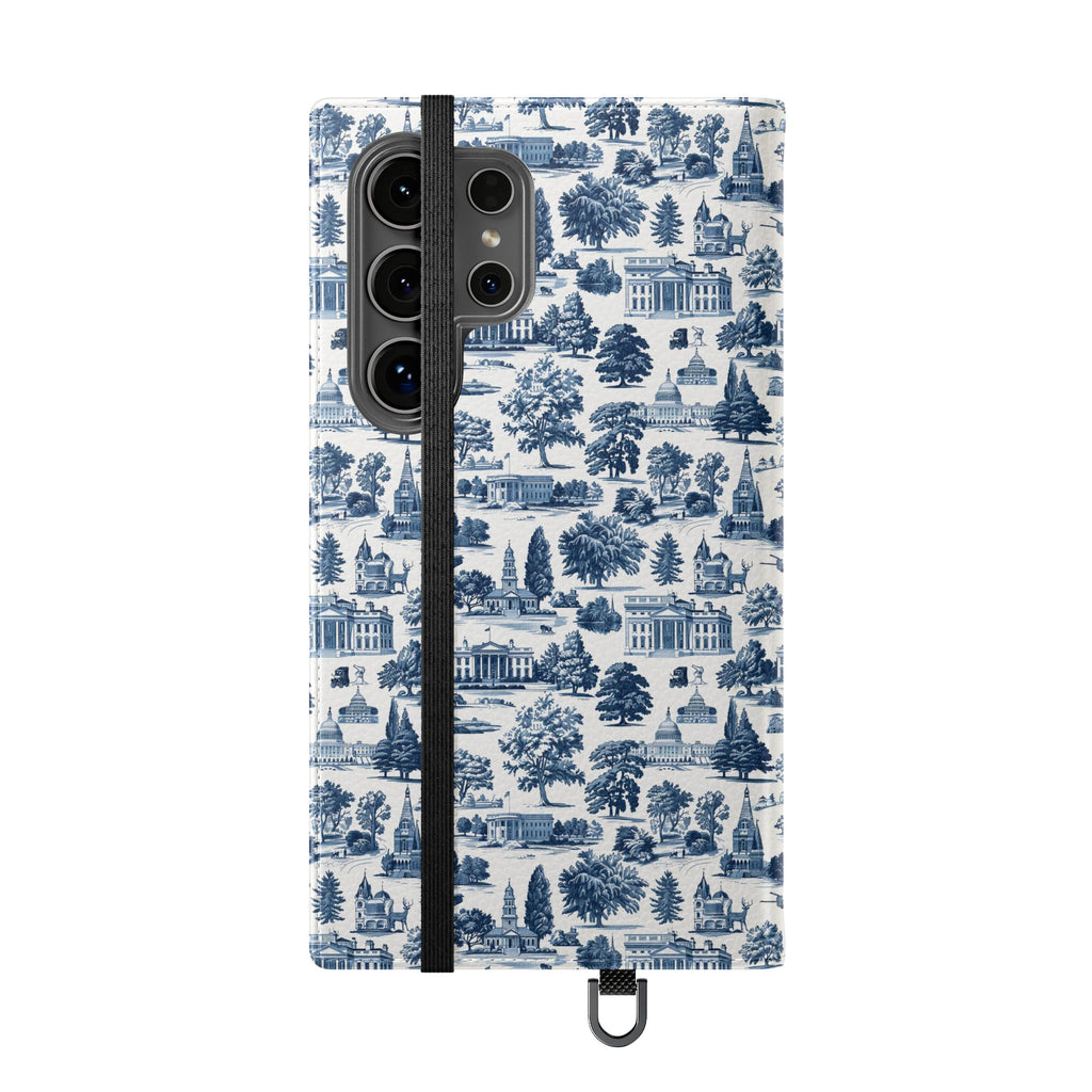 Vintage Toile Flip Phone Case — Blue Scenic Wallet Cover with Card Slots