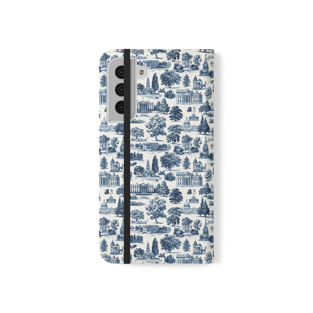 Vintage Toile Flip Phone Case — Blue Scenic Wallet Cover with Card Slots