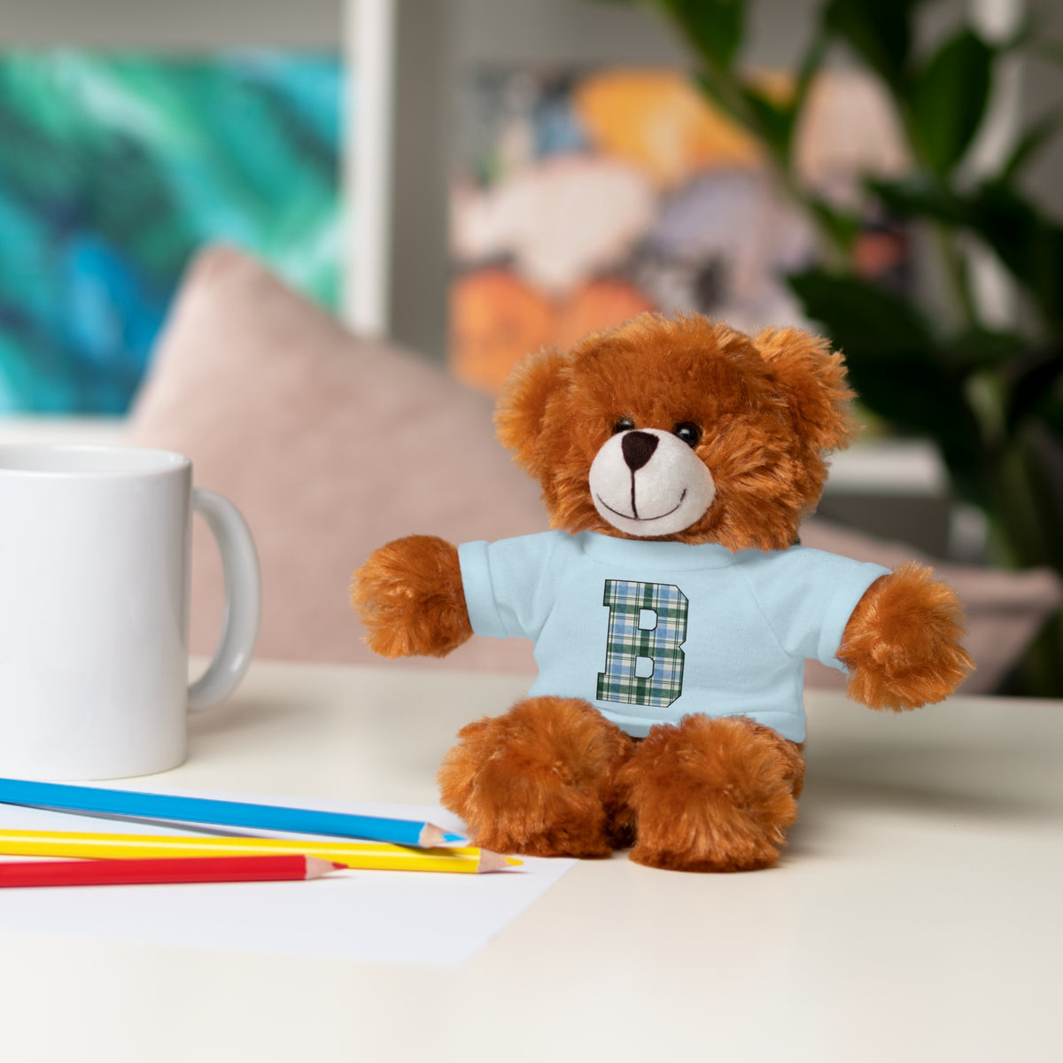 Plush Bear with Plaid Monogram Tee — Personalized Initial 'B' Stuffed Animal Gift