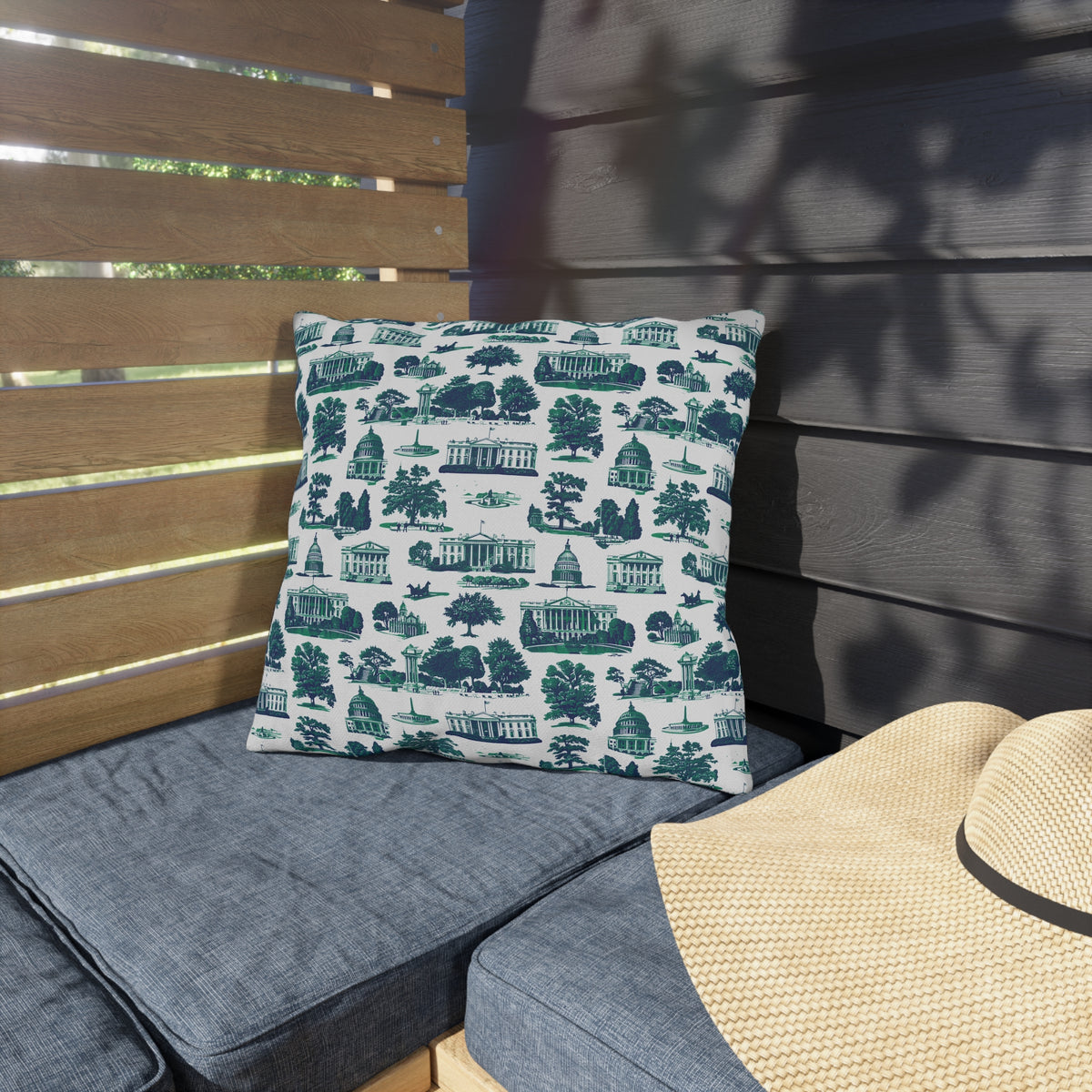 Outdoor Pillow — Blue Washington D.C. Landmark Toile Pattern