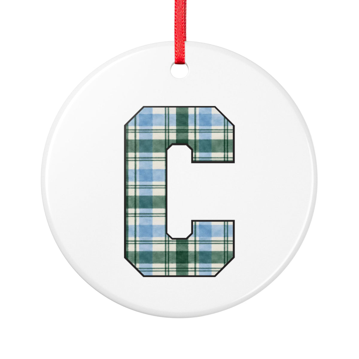 Plaid Monogram 'C' Ceramic Ornament – Personalized Holiday Initial Decoration