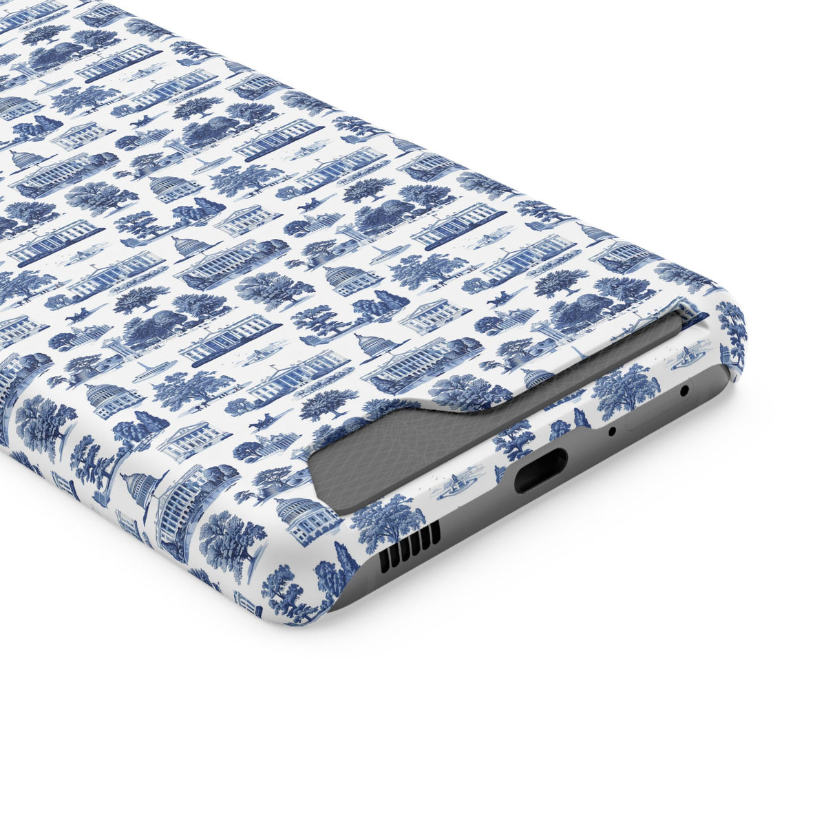 Blue Toile Phone Card Case — Slim Wallet Phone Case with Scenic Pattern