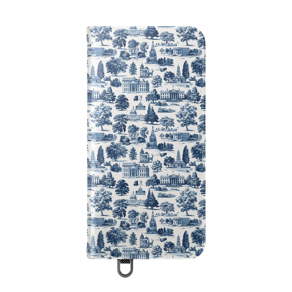 Vintage Toile Flip Phone Case — Blue Scenic Wallet Cover with Card Slots