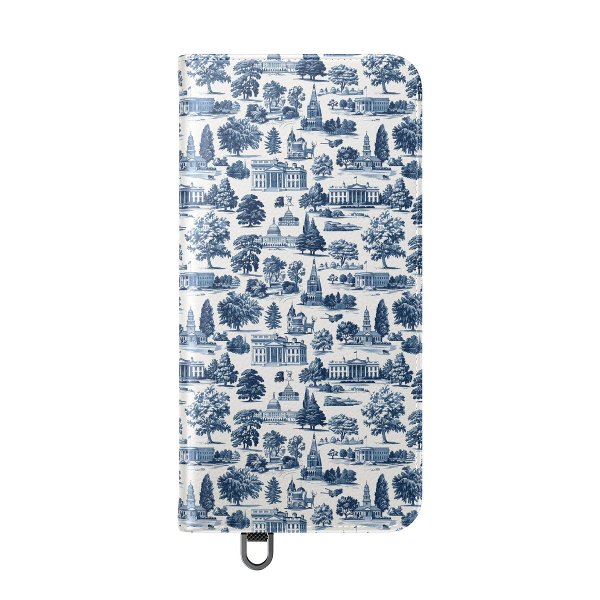 Vintage Toile Flip Phone Case — Blue Scenic Wallet Cover with Card Slots