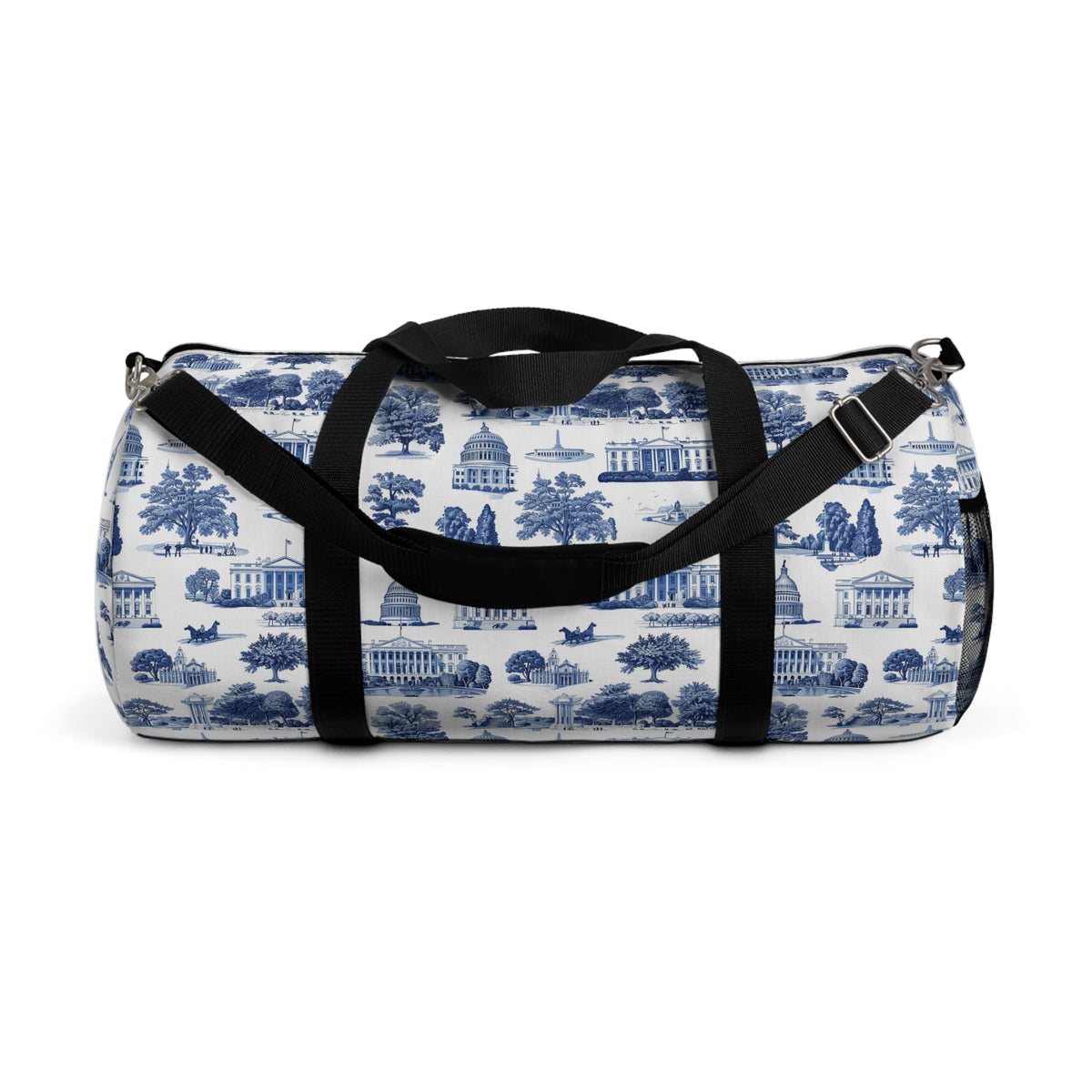 Blue Toile Travel Duffel Bag — Classic Scenic Print Weekender