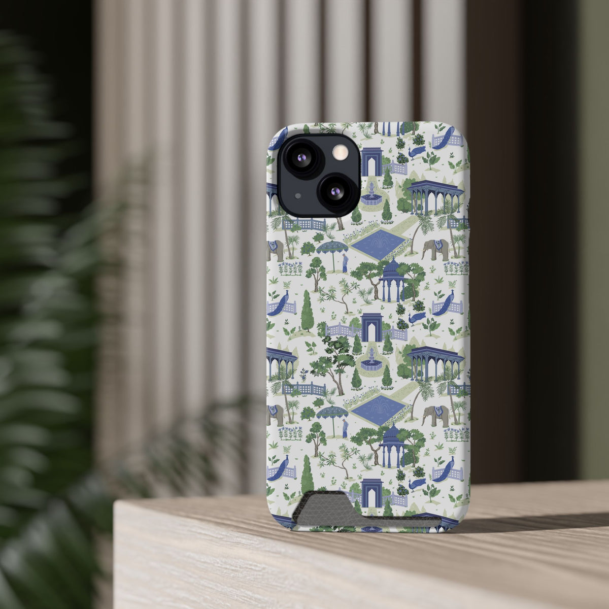 Garden Pavilion Cardholder Phone Case — Blue & Green Scenic Park Design