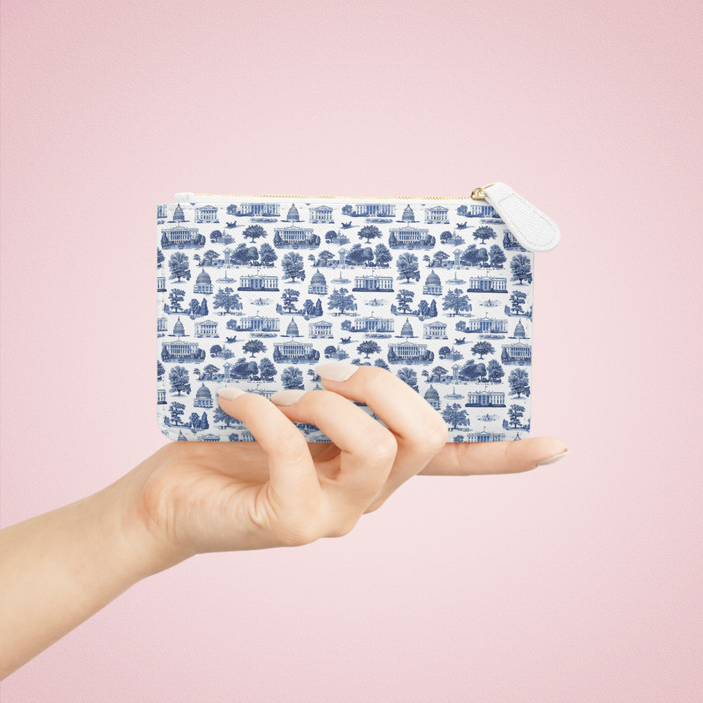 Blue Toile Mini Clutch — Scenic Landmark Zip Pouch