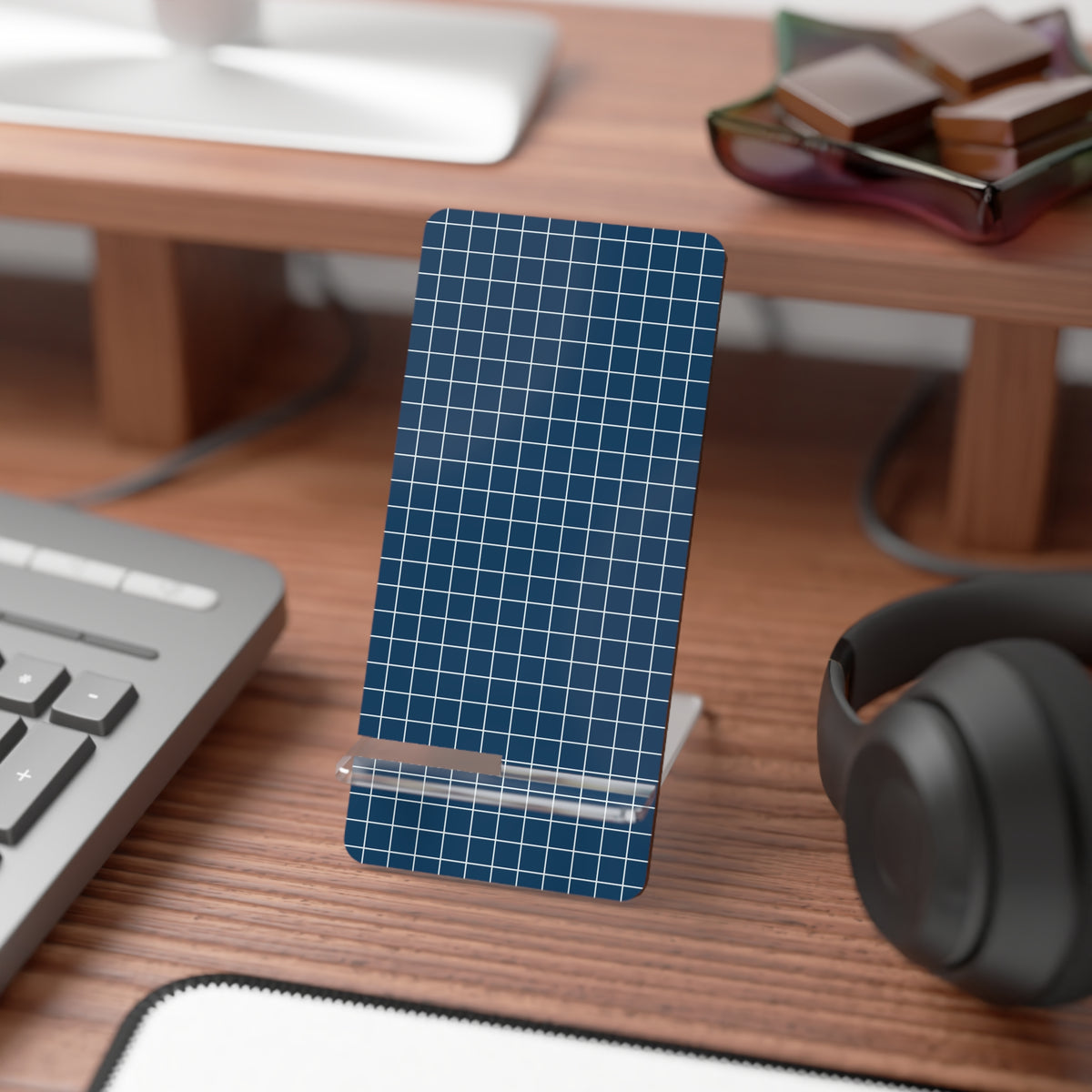 Blue Grid Smartphone Stand — Portable Acrylic Mobile Display Stand