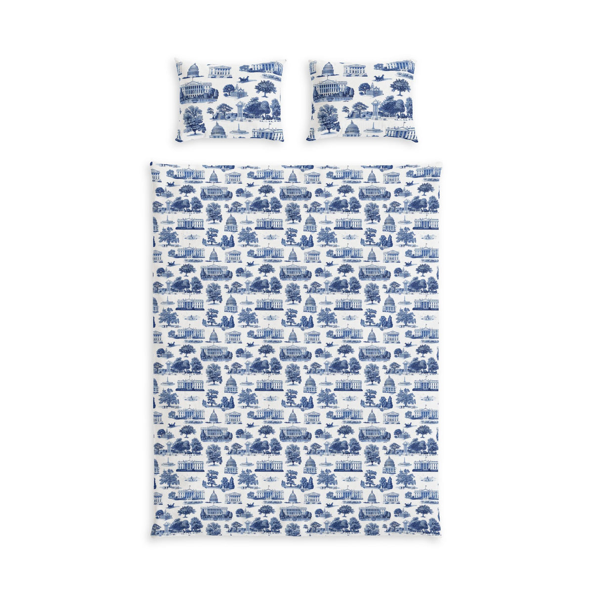 Blue Toile Cotton Bed Set — Scenic Village Print Duvet Cover & Pillowcases