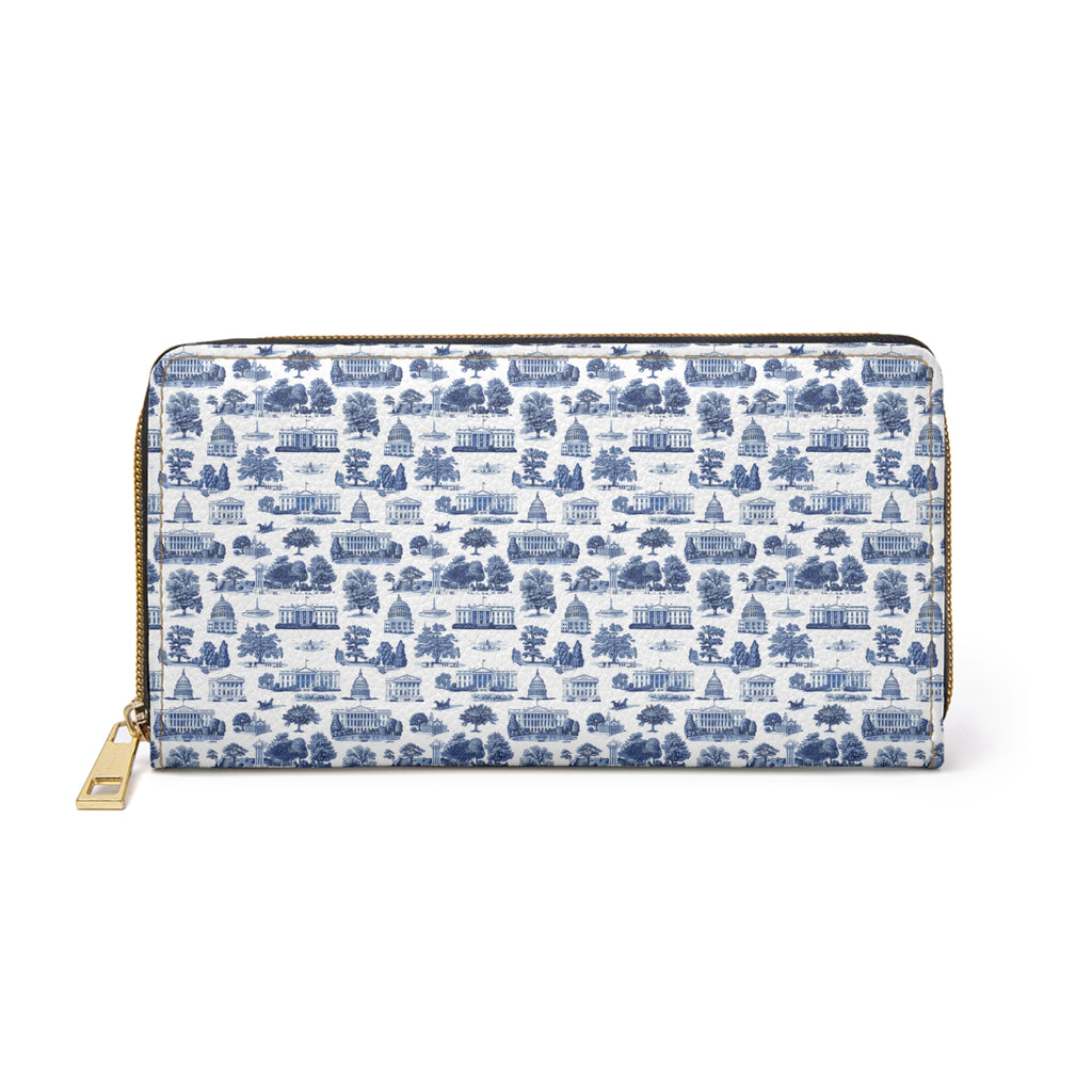 Blue Toile Zipper Wallet — Vintage Scenic Print Leather Wallet