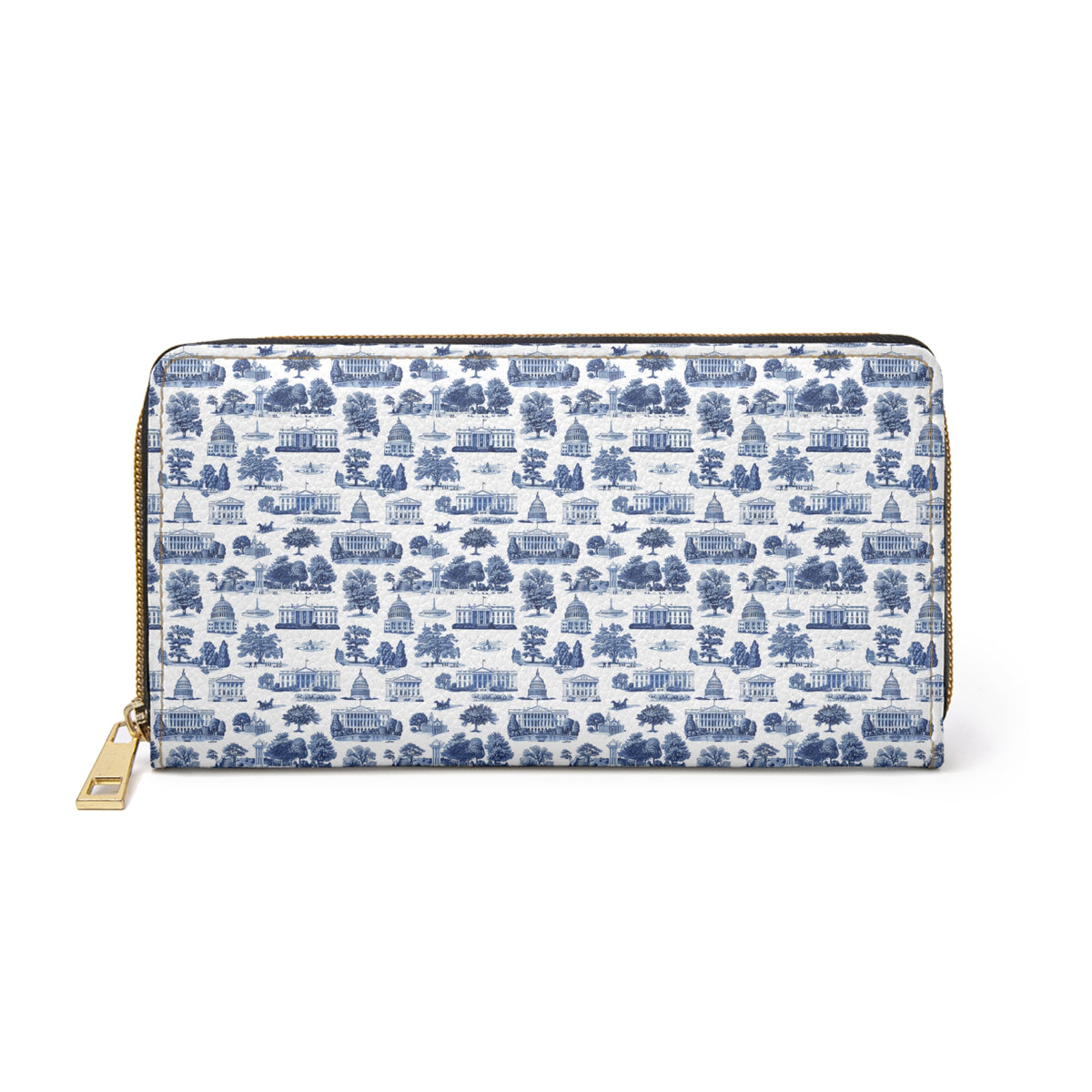 Blue Toile Zipper Wallet — Vintage Scenic Print Leather Wallet